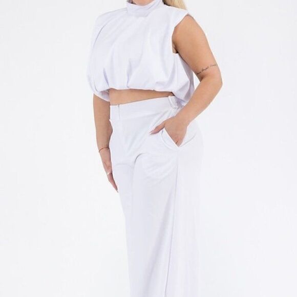 White Plus Size Turtleneck Top with Pants Set - Picture 1 of 12